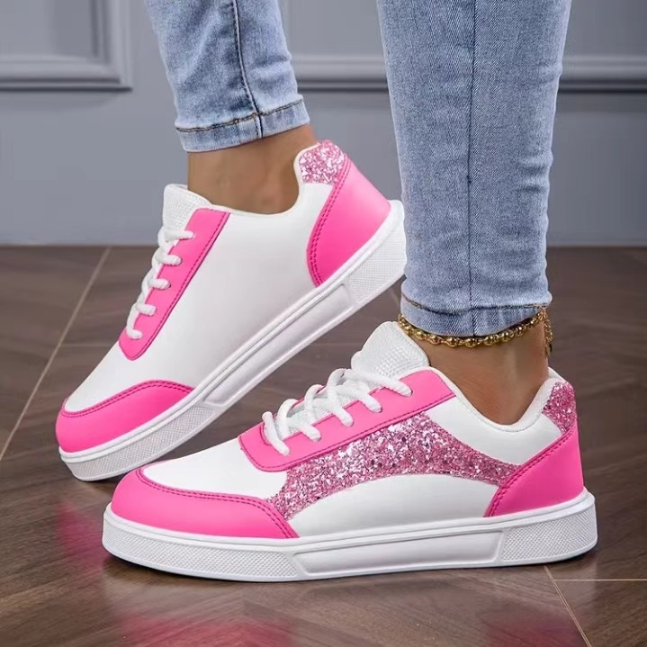 White Sneaker Care Kit - レディースグリッタースケートシューズ ピンクホワイトカラーマッチングスニーカー ファッションレースアップカジュアルフラットウォーキングシューズ レディースデイリーストリートウェア F