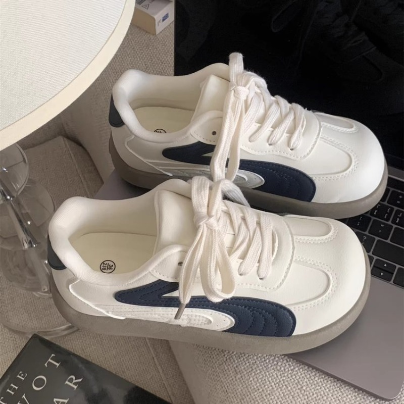 White Sneaker Care Kit - ヴィンテージ風レディースチャンキースニーカー、ホワイトネイビーのスプライシング、レースアップ、厚底、カジュアルスポーツシューズ、快適なデイリーウォーキングシューズ